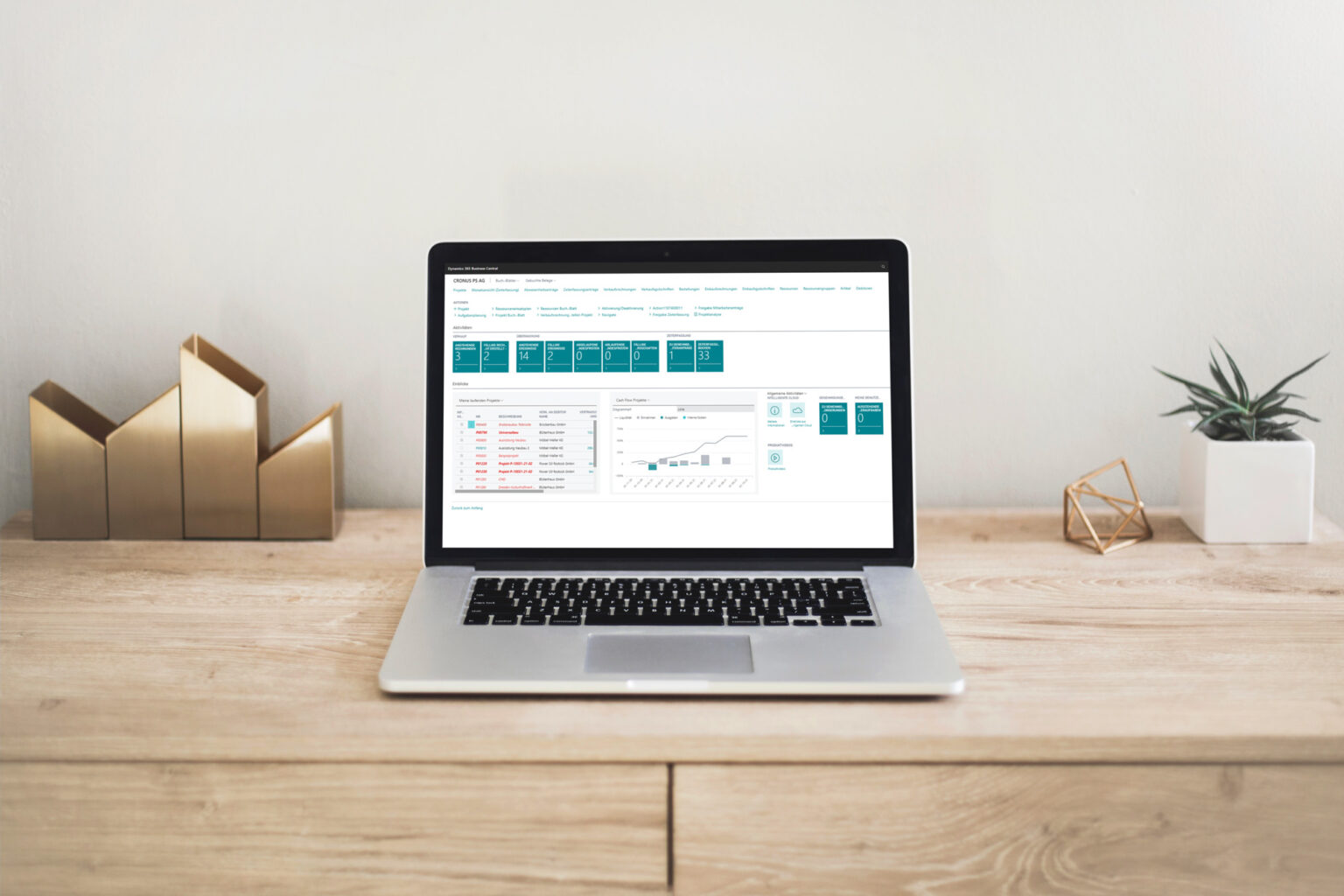 Laptop mit dem ERP-System Microsoft Dynamics 365 Business Central auf Schrank mit ruhigem und hellen Hintergrund