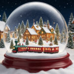 Schneekugel (Weihnachtskugel) mit real wirkender Stadt mit Zug davor, es liegt Schnee